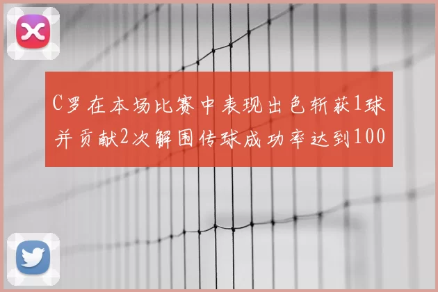 C罗在本场比赛中表现出色斩获1球并贡献2次解围传球成功率达到100